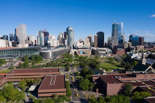 Aerial image of campus and downtown Denver.